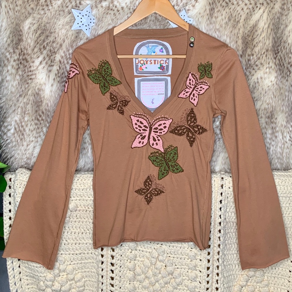 Johnny Was Joystick Tan Butterfly Stitched Top